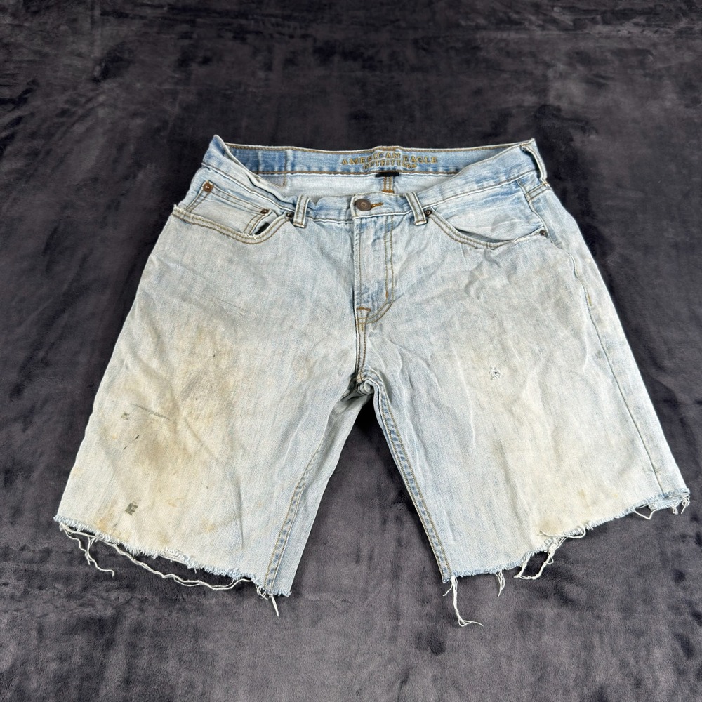 American Eagle Denim‎ Shorts Mens 34 Light Wash Core Flex Cut Off Distressed